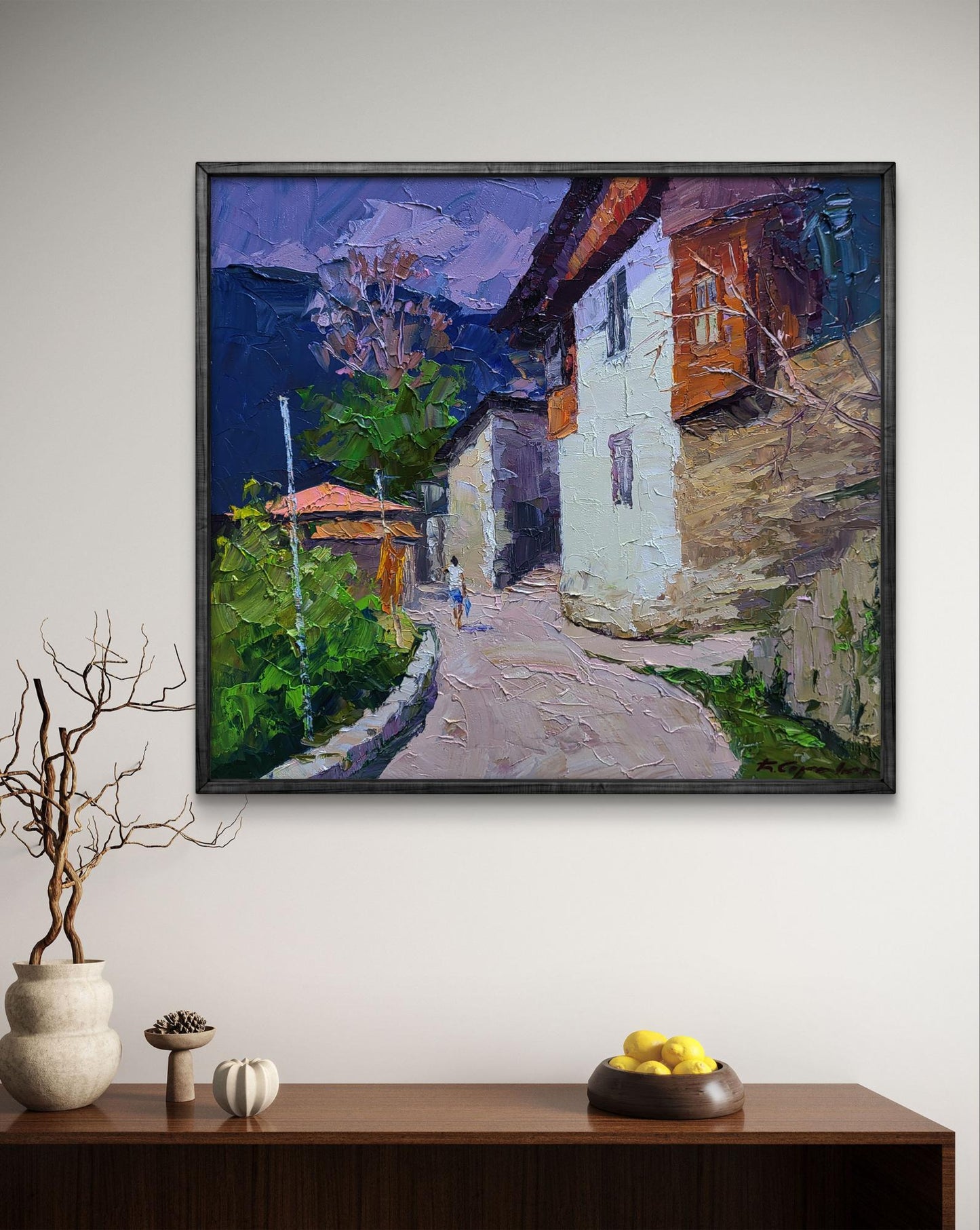 Framed impressionistic oil painting of Boris Serdyuk historical city street in purples and blues