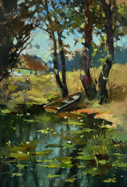 Oil painting of rustic wooden rowboat on water by Yuriy Suprunchuk