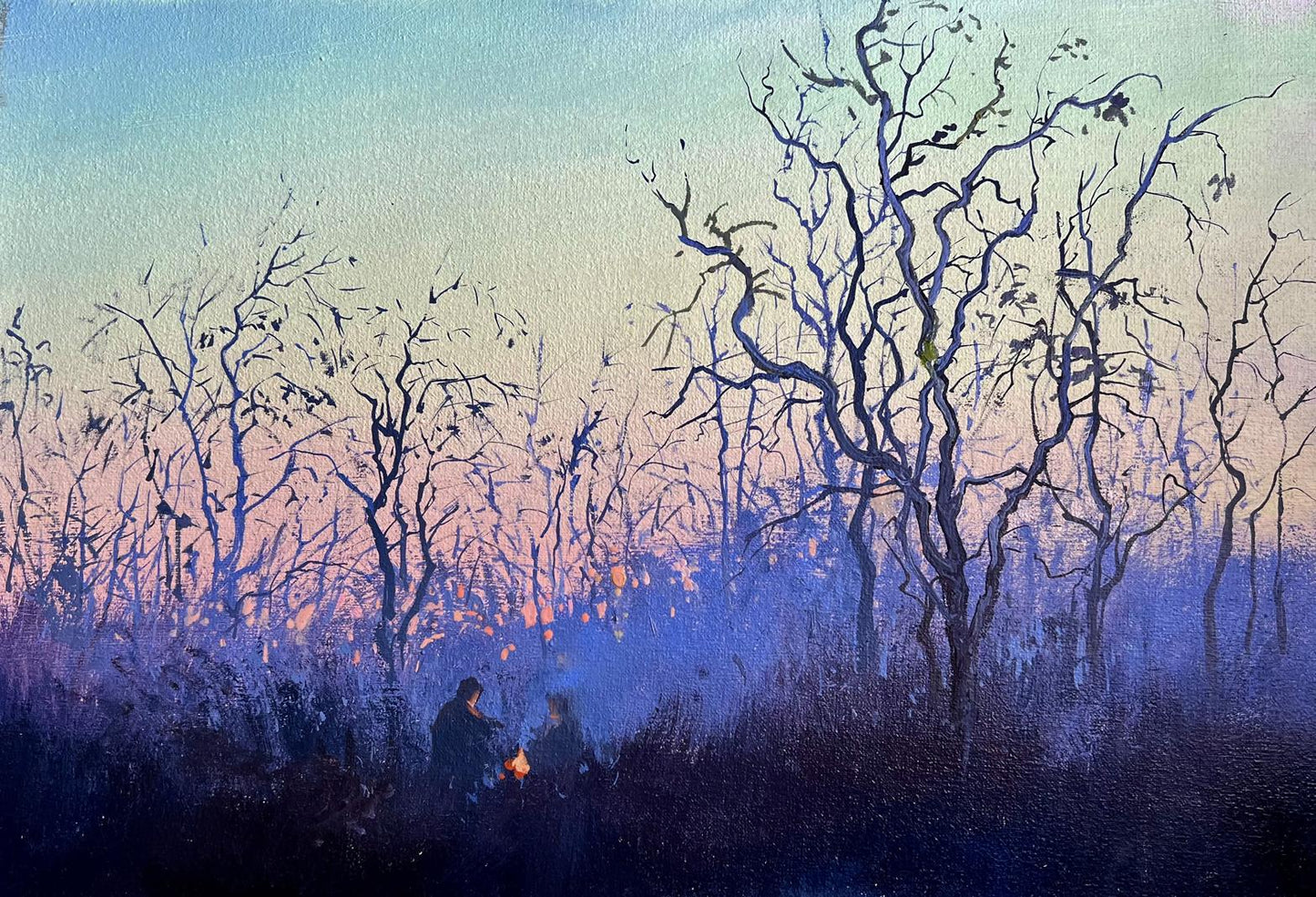 Serene twilight oil painting Quiet gatherings around the fire by Tatyana Derdey
