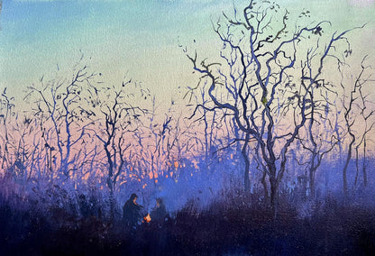 Serene twilight oil painting Quiet gatherings around the fire by Tatyana Derdey