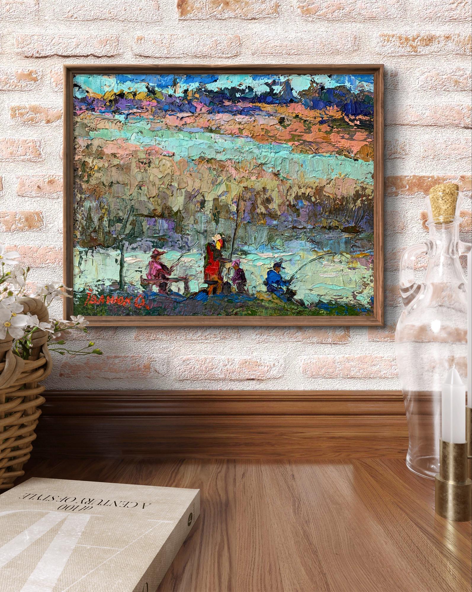 Framed impressionist oil painting Fishing with friends by Oksana Ivanyuk