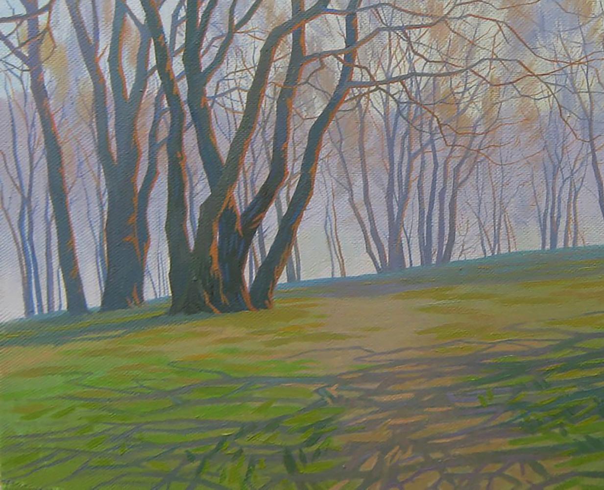 Oil painting Spring meadow by Valery Savenets serene trees on green hill