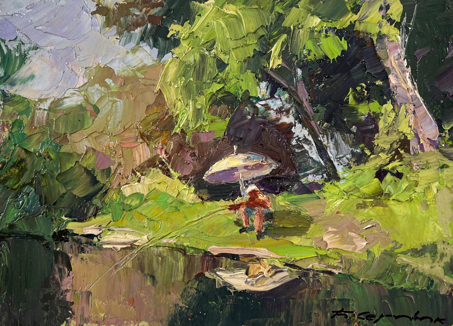 Vibrant impressionist oil painting by Boris Serdyuk: red figure with umbrella in lush green foliage reflected in water