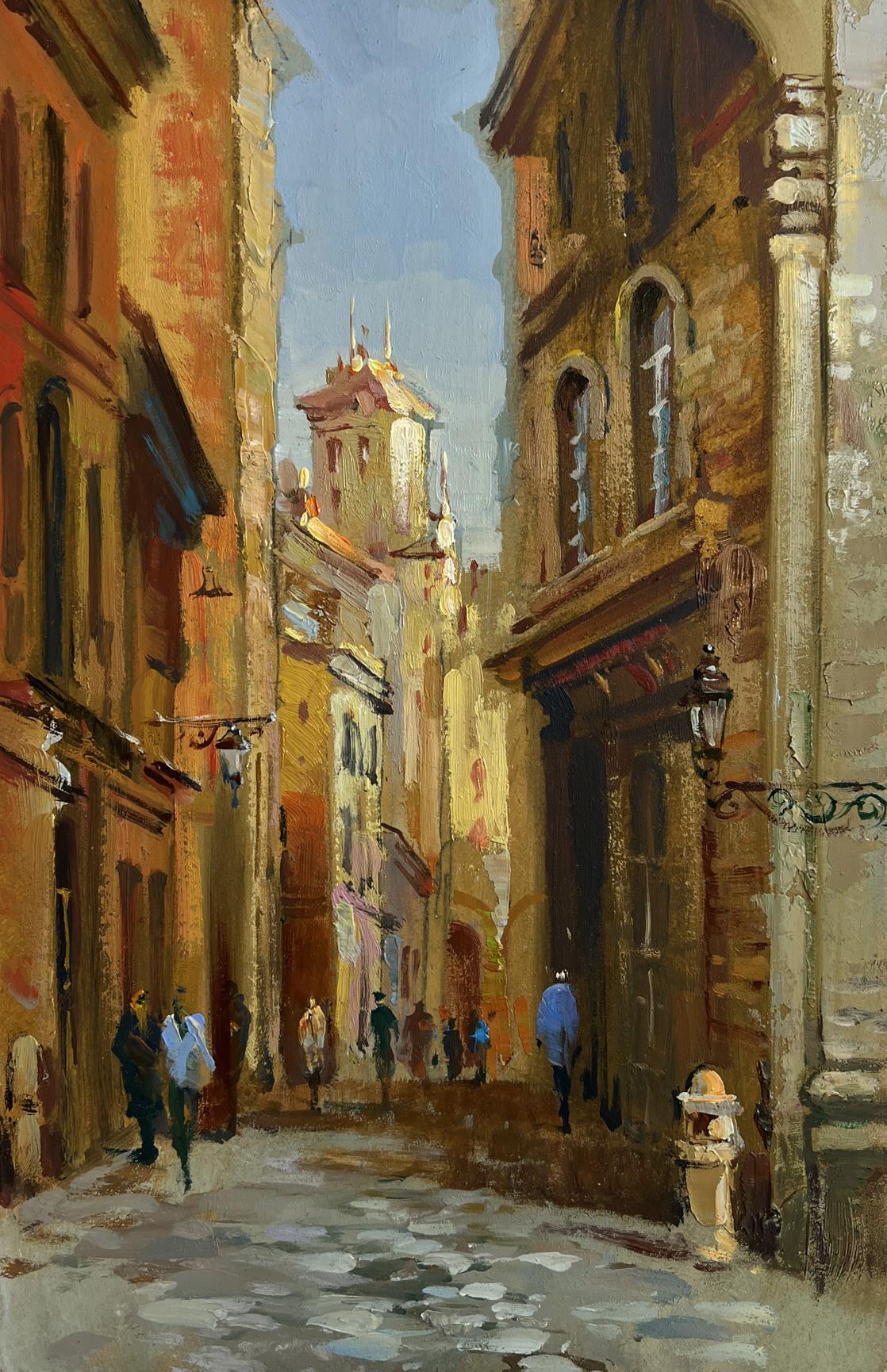 Oil painting by Yuriy Suprunchuk of sunlit European alleyway