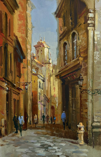 Oil painting by Yuriy Suprunchuk of sunlit European alleyway