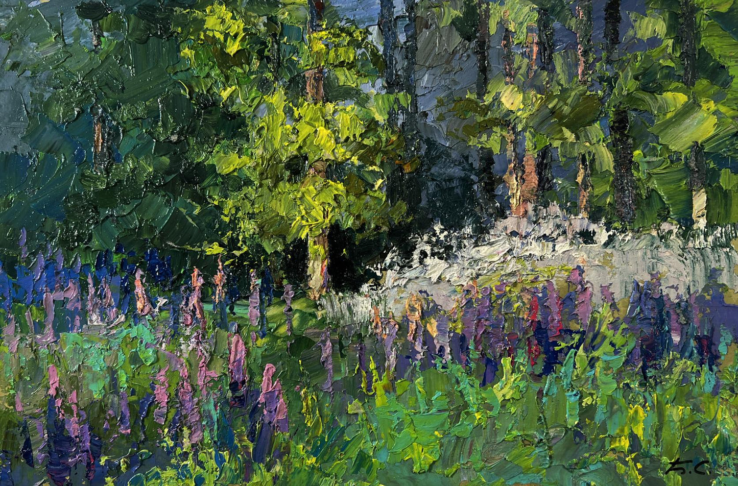 Vibrant impressionist oil painting of summer forest clearing by Boris Serdyuk