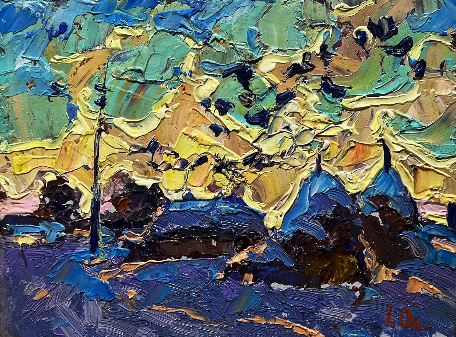 Vibrant impressionist oil painting Crows in the Evening by Oleksiy Ivanyuk