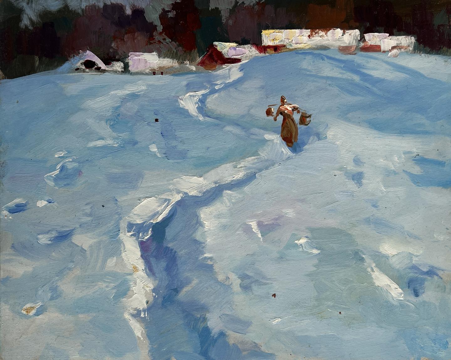 Oil painting Along the snowy paths by Yuriy Suprunchuk: solitary figure in brown garment on vast blue-white snow