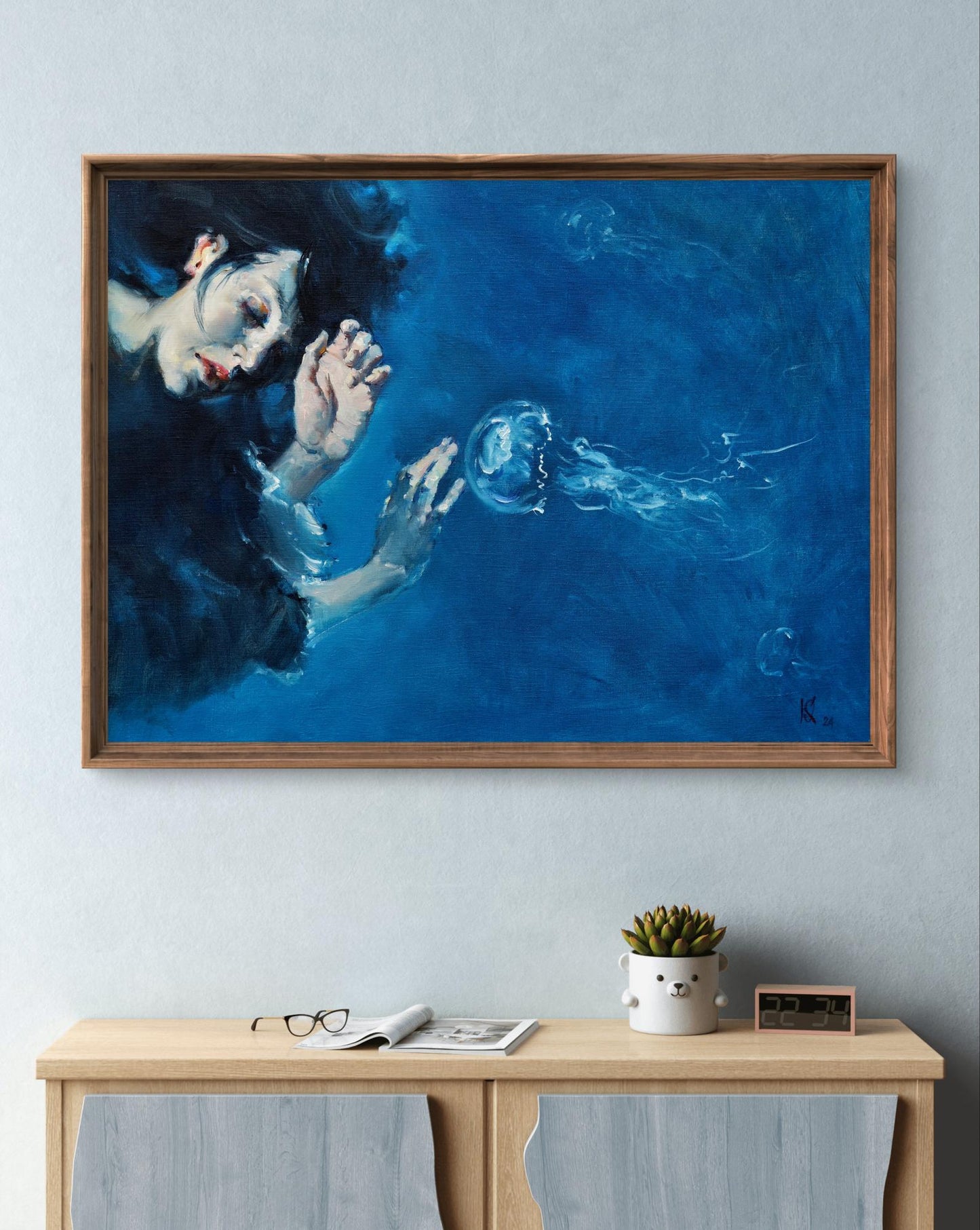 Oil painting Underwater Touch by Oleg Kateryniuk, framed jellyfish scene