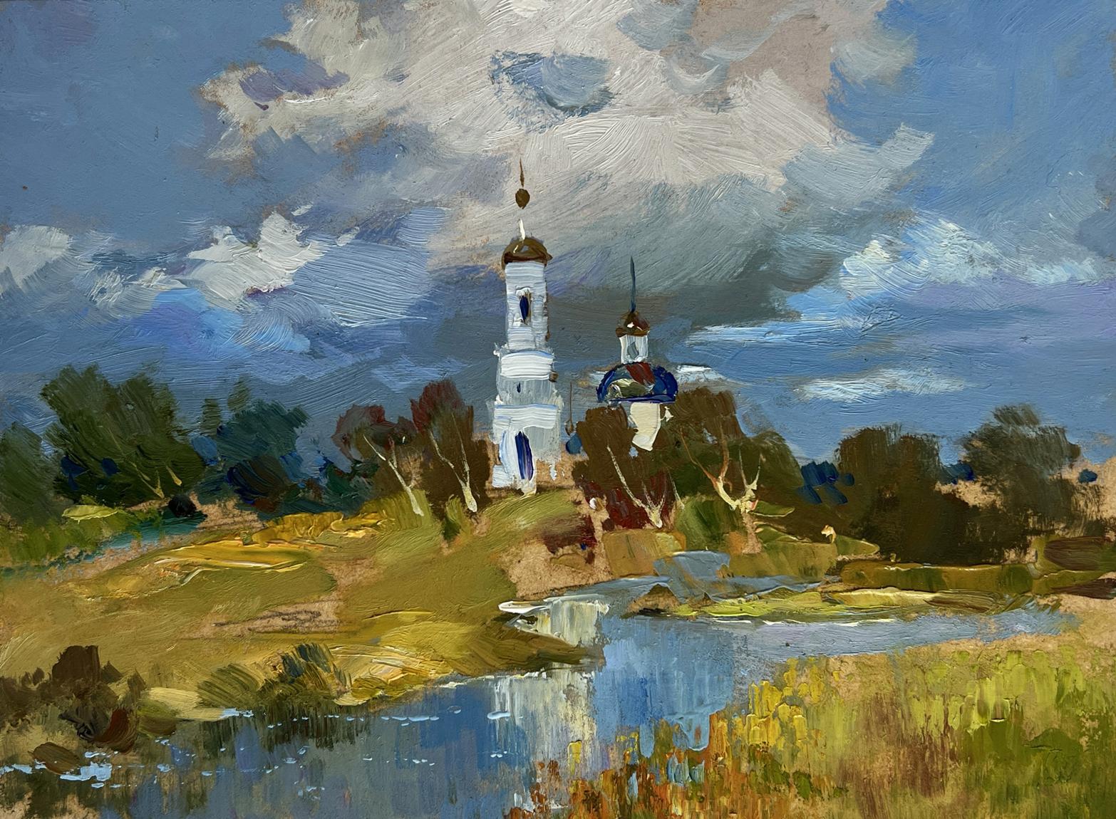 Impressionistic oil painting of white church with golden domes by Yuriy Suprunchuk