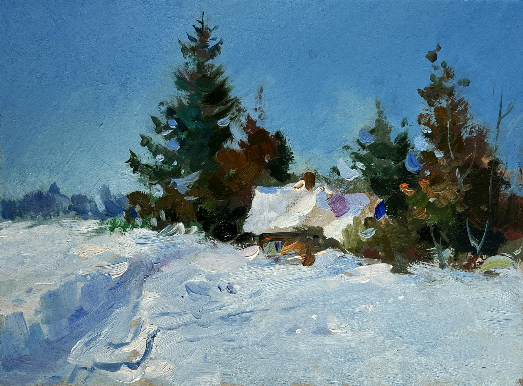 Oil painting of snow-covered rustic cabin in evergreens by Yuriy Suprunchuk