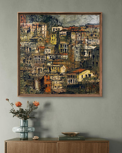Oil painting of multi-level city by Serhiy Kovalev in square wooden frame