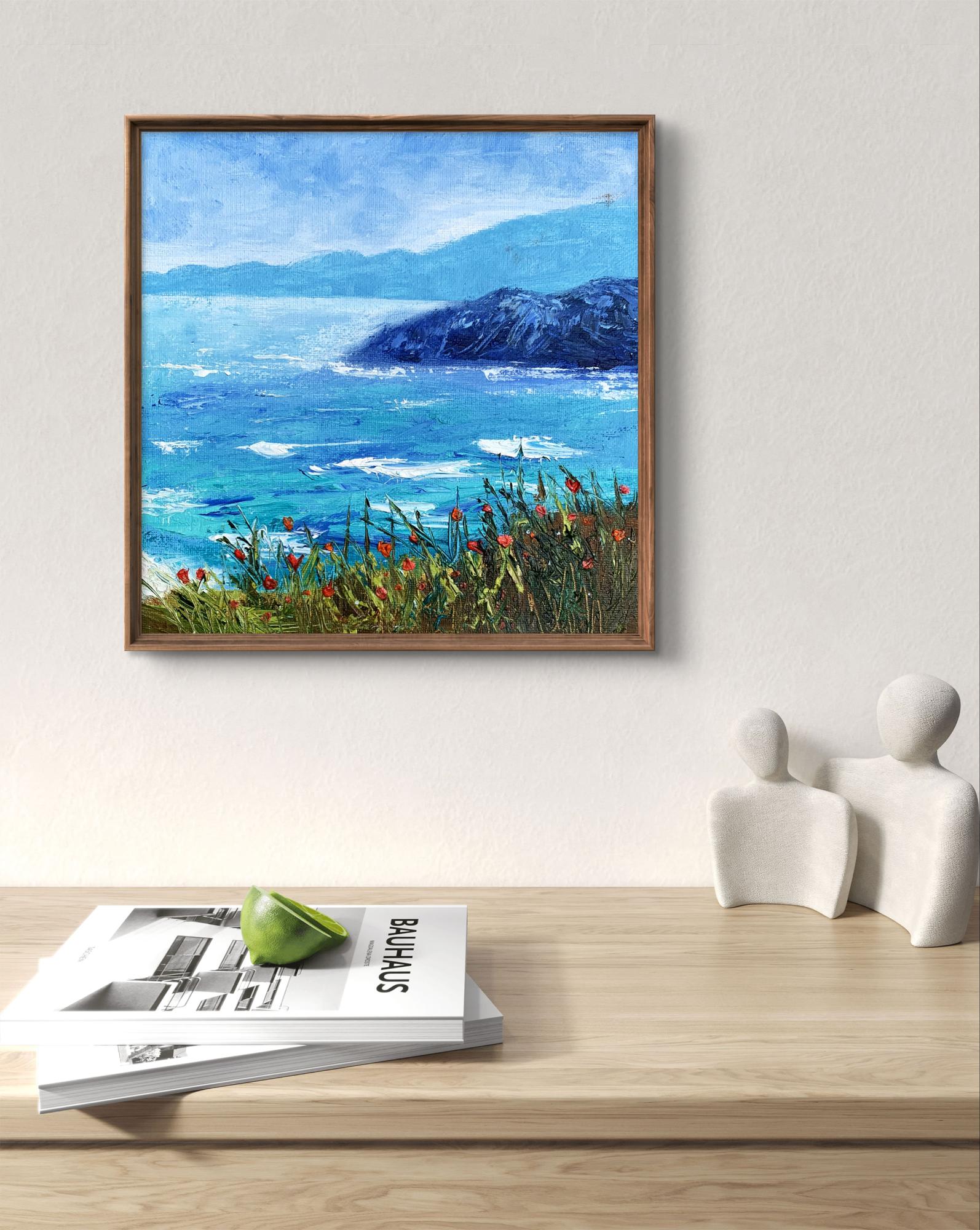 Oil painting Calm sea by Tatyana Derdey with blues and red poppies in wooden frame