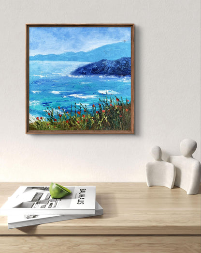 Oil painting Calm sea by Tatyana Derdey with blues and red poppies in wooden frame