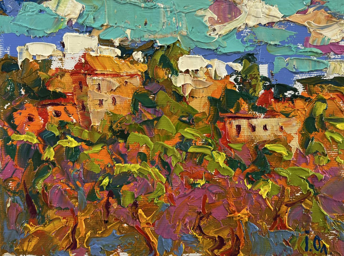 Vibrant impressionist oil painting by Oleksiy Ivanyuk of sun-drenched village