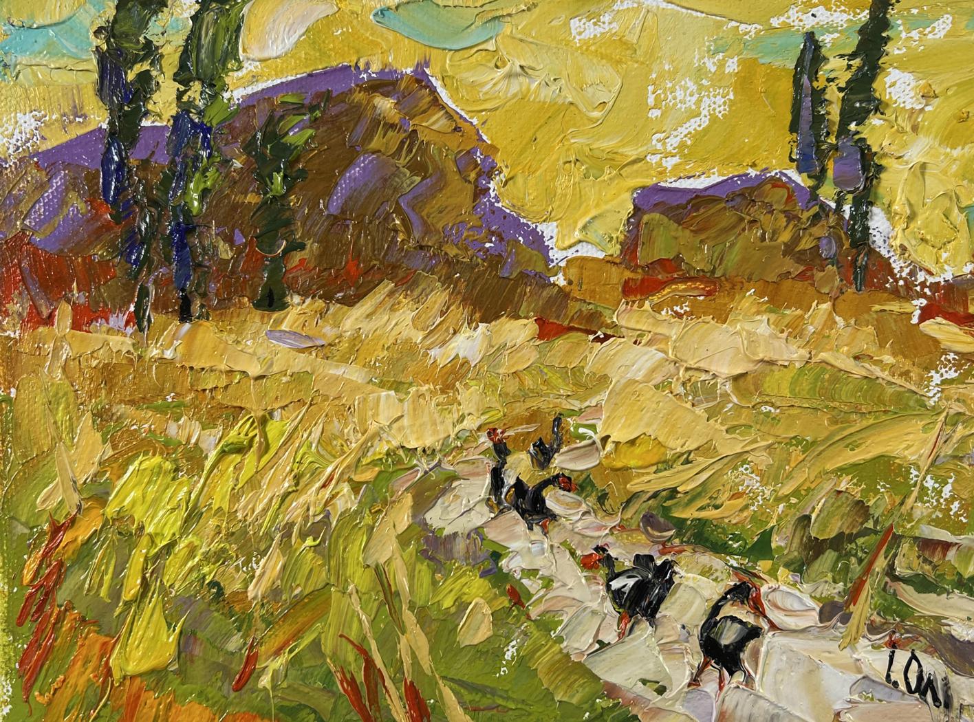 Vibrant Oleksiy Ivanyuk oil painting The Color of Harvest with bold yellow green purple brushstrokes trees hills