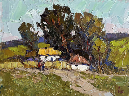 Impasto oil painting of Oksana Ivanyuk village houses in greens and earth tones