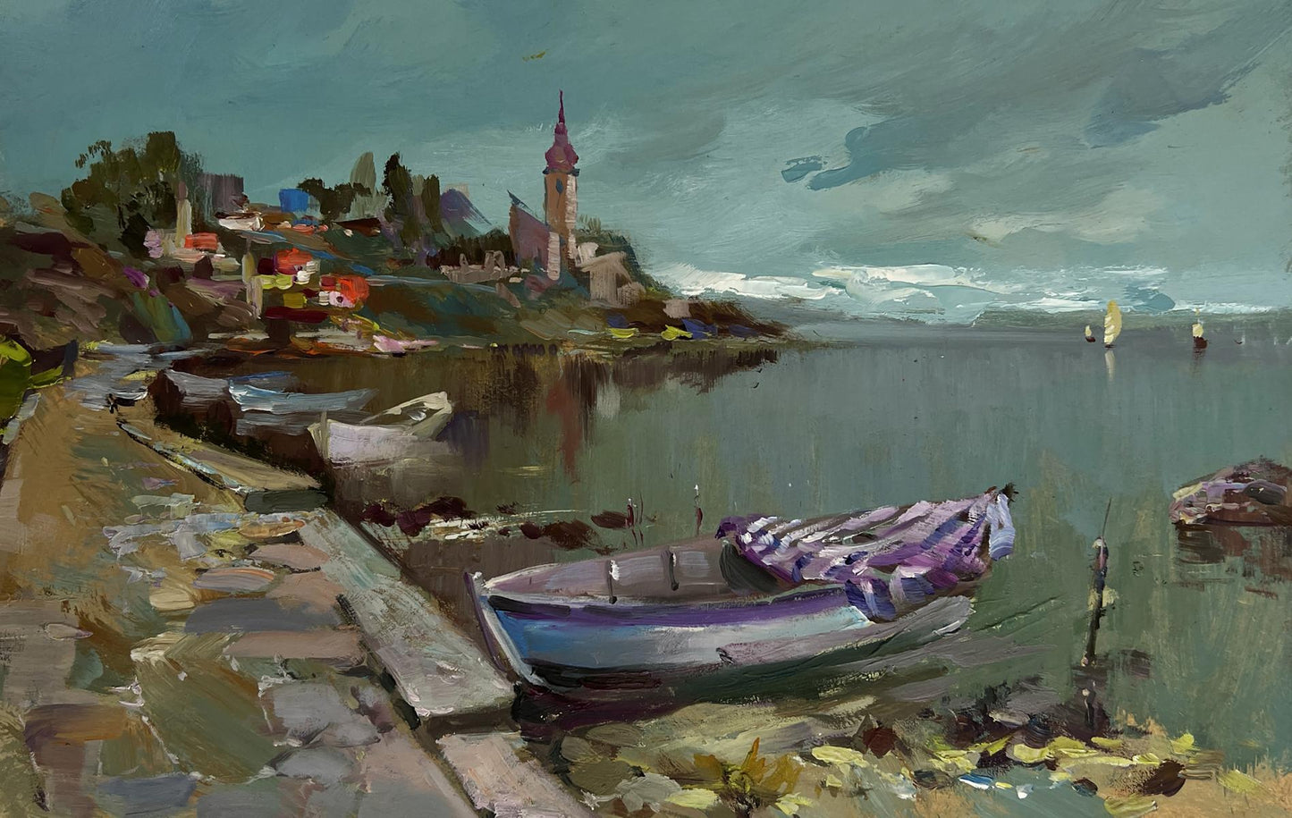 Oil painting of weathered blue rowboat on stone dock by Yuriy Suprunchuk