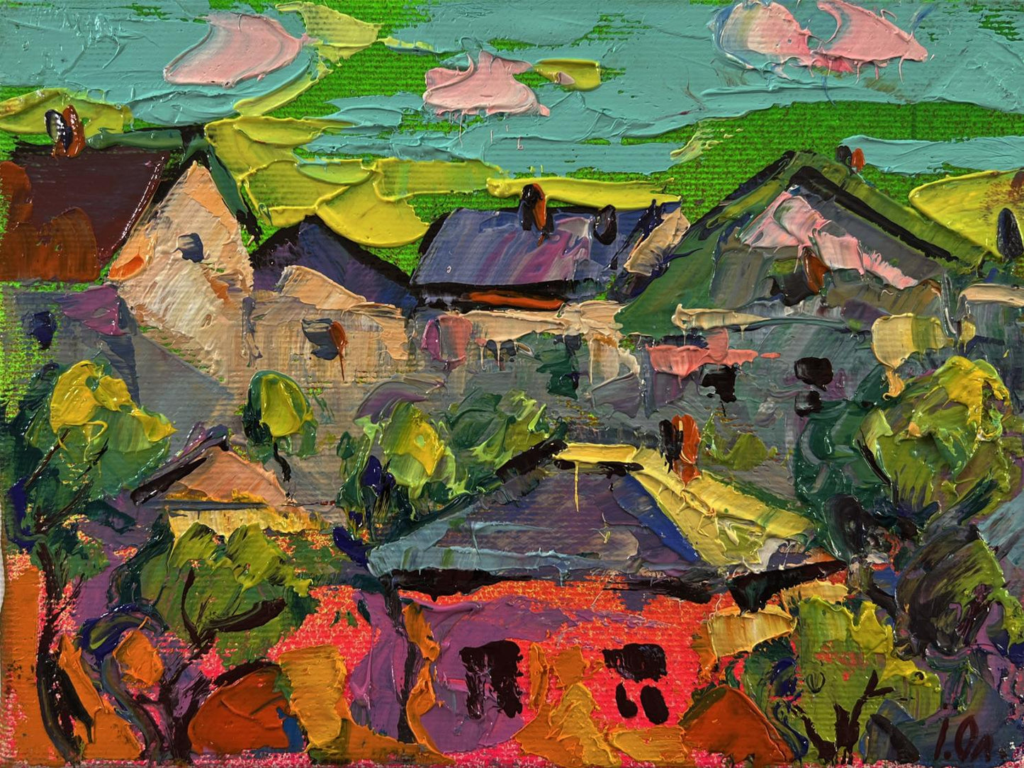 Vibrant impressionist oil painting of village houses by Oleksiy Ivanyuk