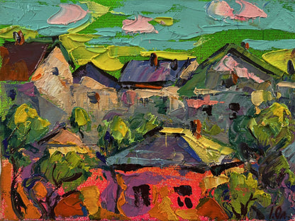 Vibrant impressionist oil painting of village houses by Oleksiy Ivanyuk