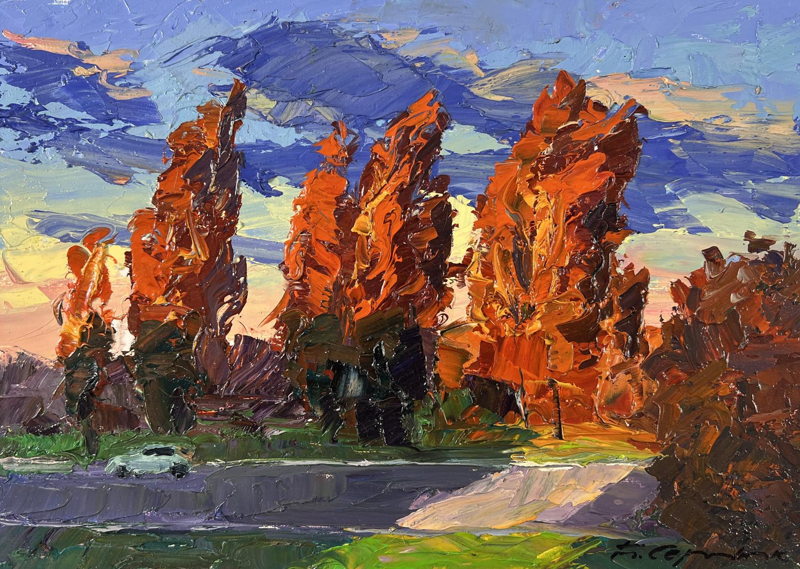 Oil painting Autumn poplars by Boris Serdyuk: vibrant orange red trees blue sky
