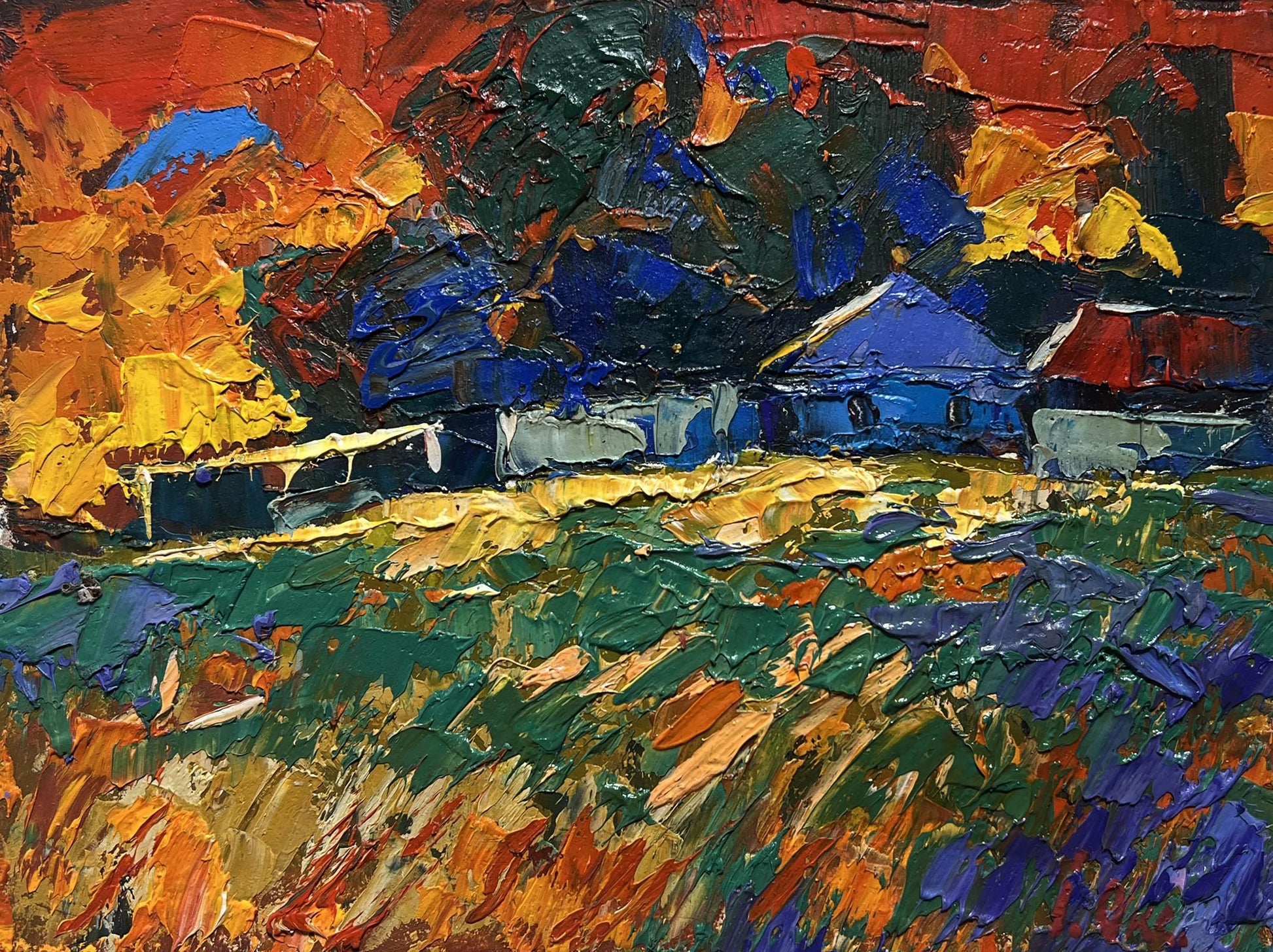 Vibrant impressionist oil painting of evening sunset rural landscape by Oksana Ivanyuk