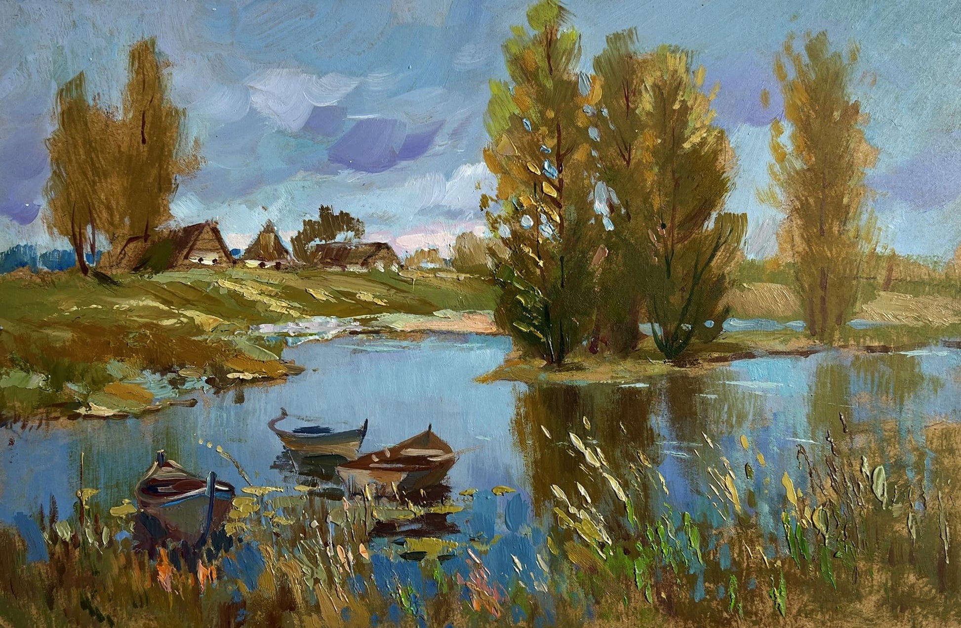 Oil painting There is a river near the village Yuriy Suprunchuk autumn landscape