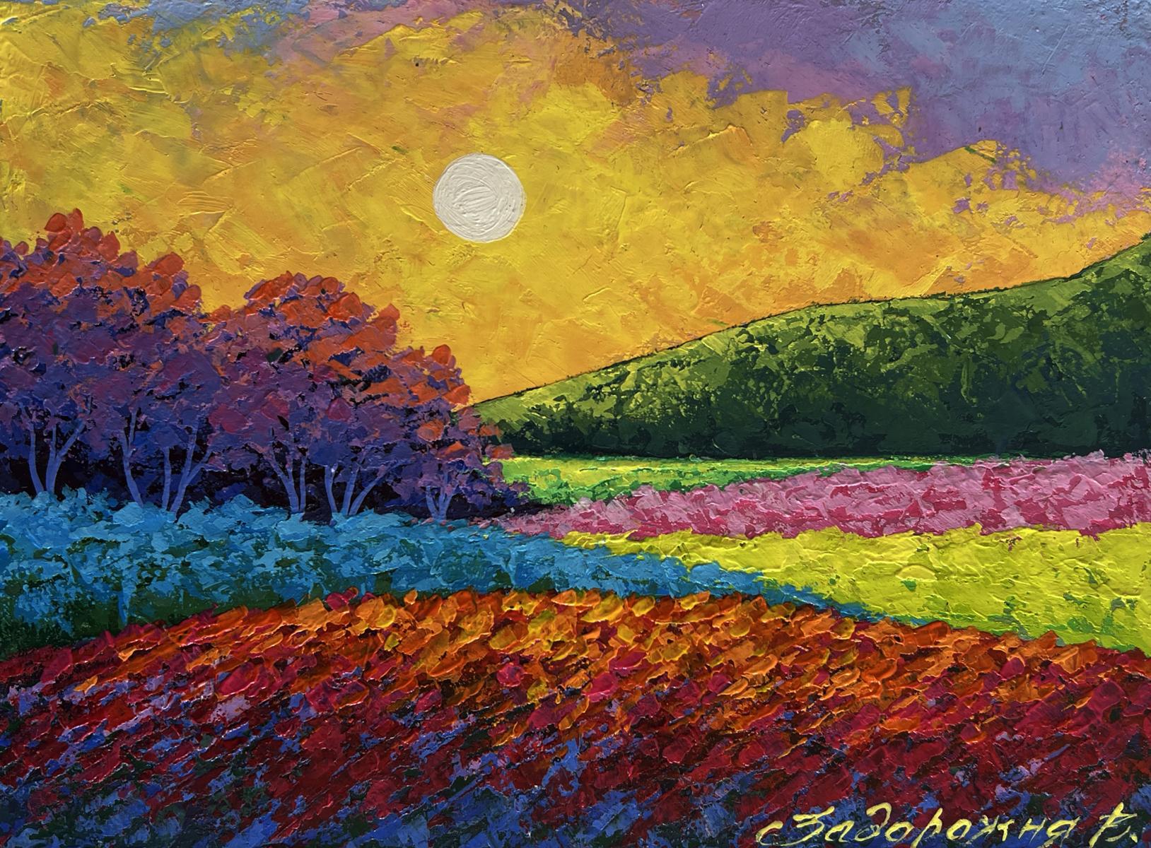 Vibrant impressionist oil painting of spring fields in sunset light by V. Zadorozhnya