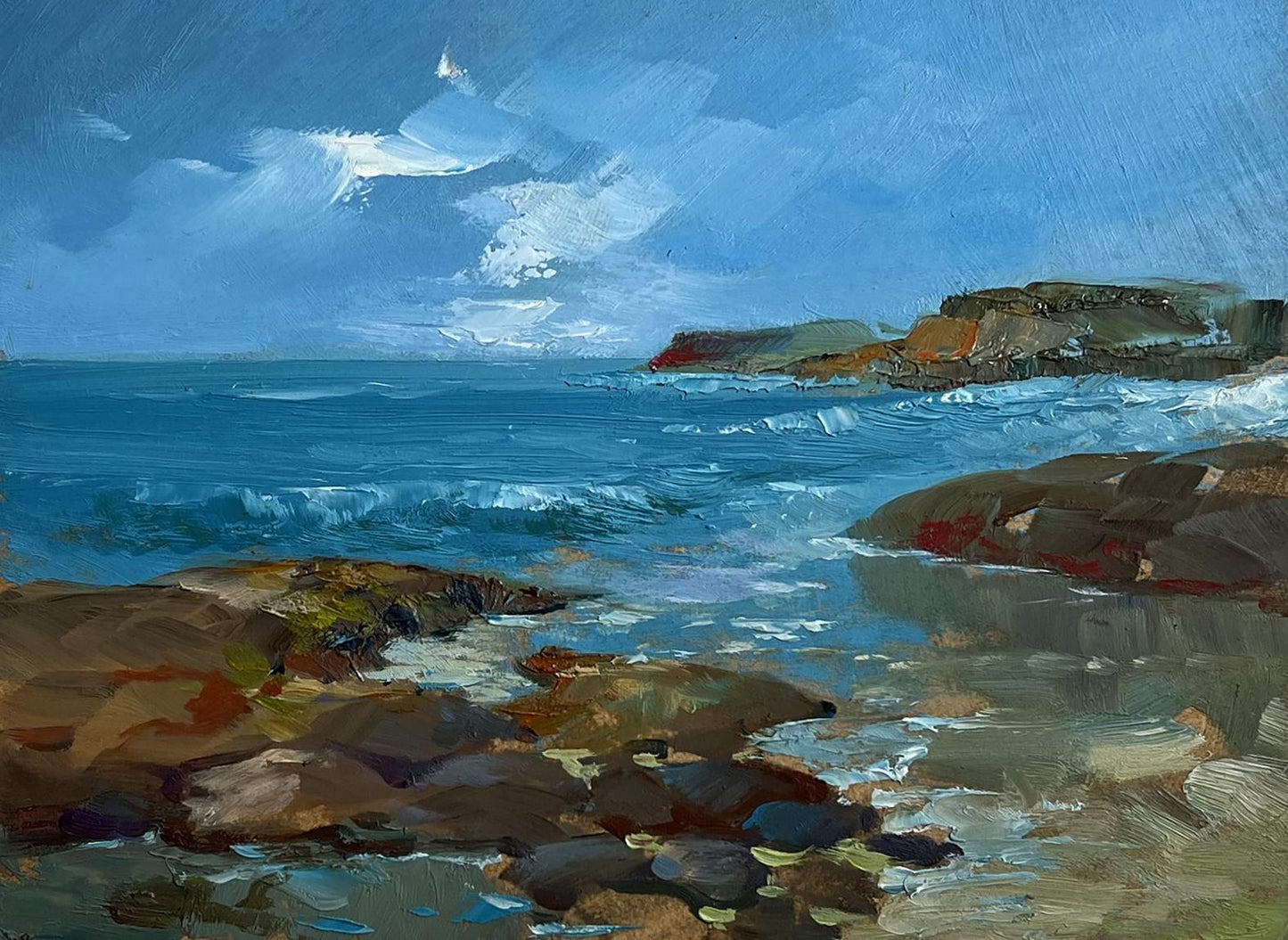 Textured oil painting of Sea Horizon by Yuriy Suprunchuk, coastal rocks and waves