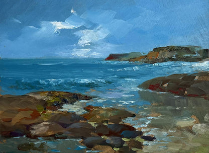 Textured oil painting of Sea Horizon by Yuriy Suprunchuk, coastal rocks and waves