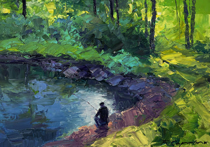 Oil painting Quiet morning by the river by Boris Serdyuk: solitary fisherman by green stream