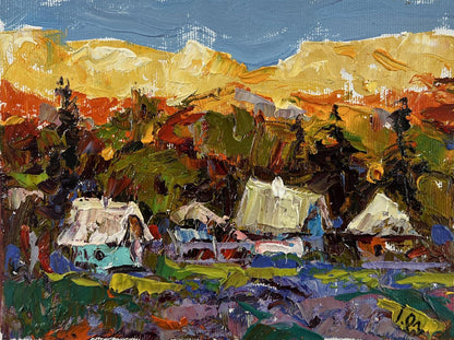Vibrant impressionist oil painting of sunset over mountain village by Oleksiy Ivanyuk