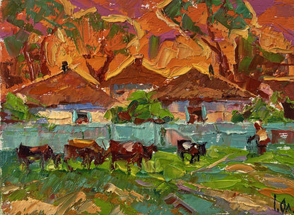 Vibrant impressionist oil painting Evening of the village by Oleksiy Ivanyuk