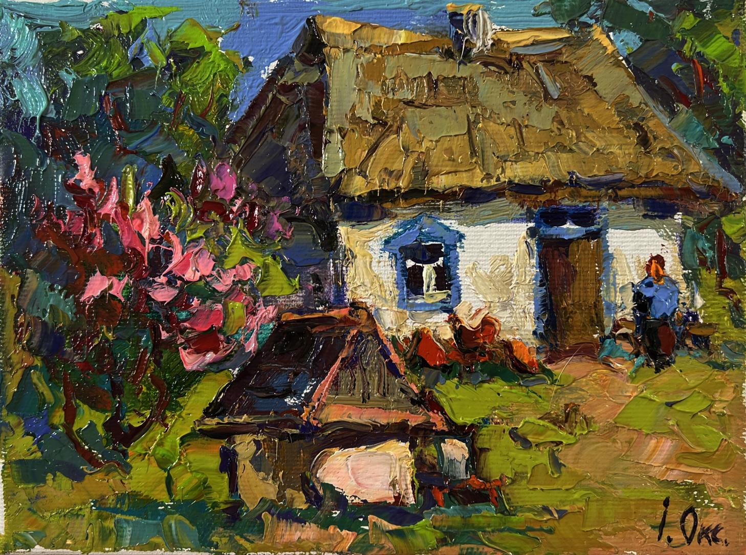 Oil painting Spring in the village by Oksana Ivanyuk: thatched cottage with pink bushes