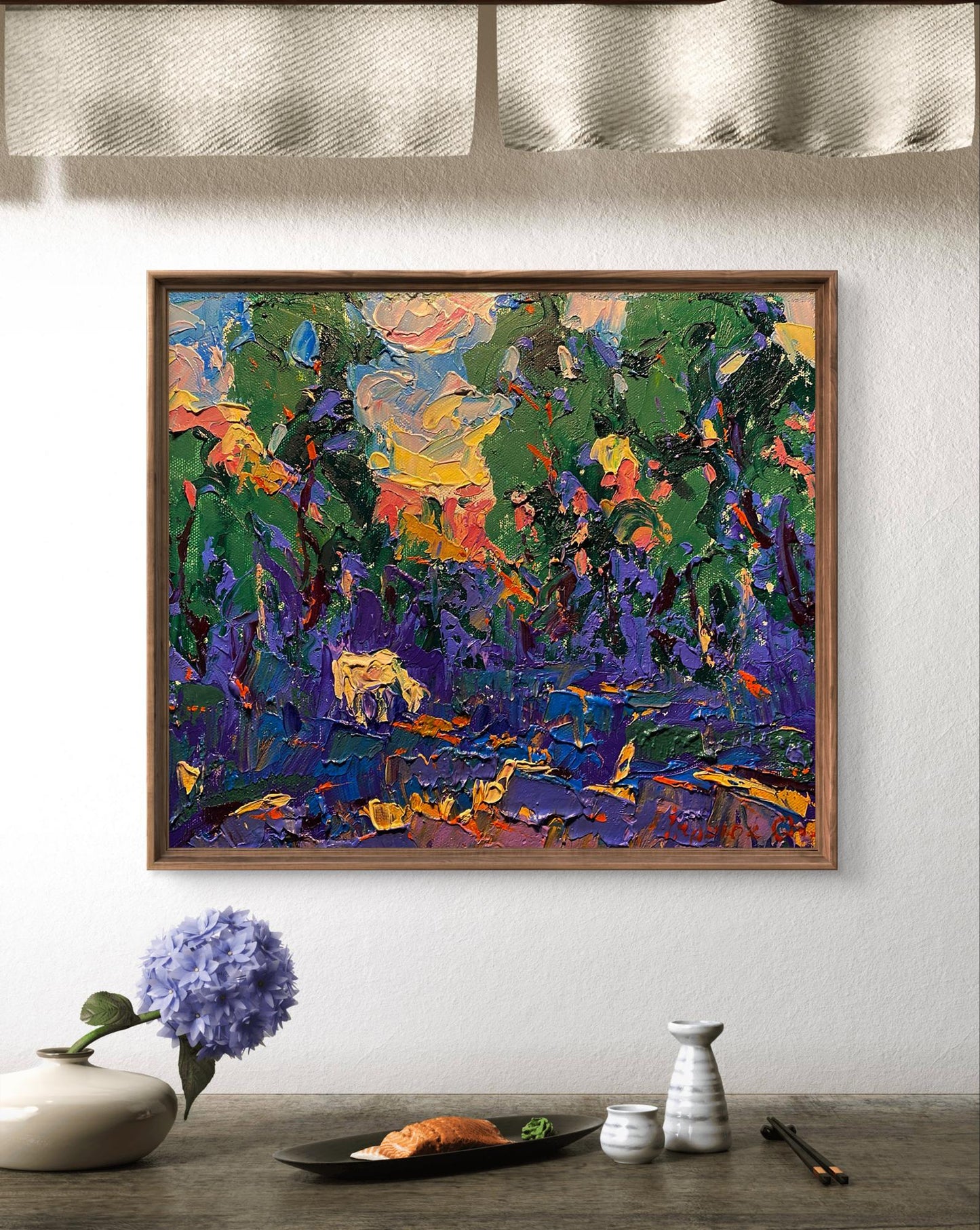 Oil painting Sunset beyond the forest by Oleksiy Ivanyuk in wooden frame