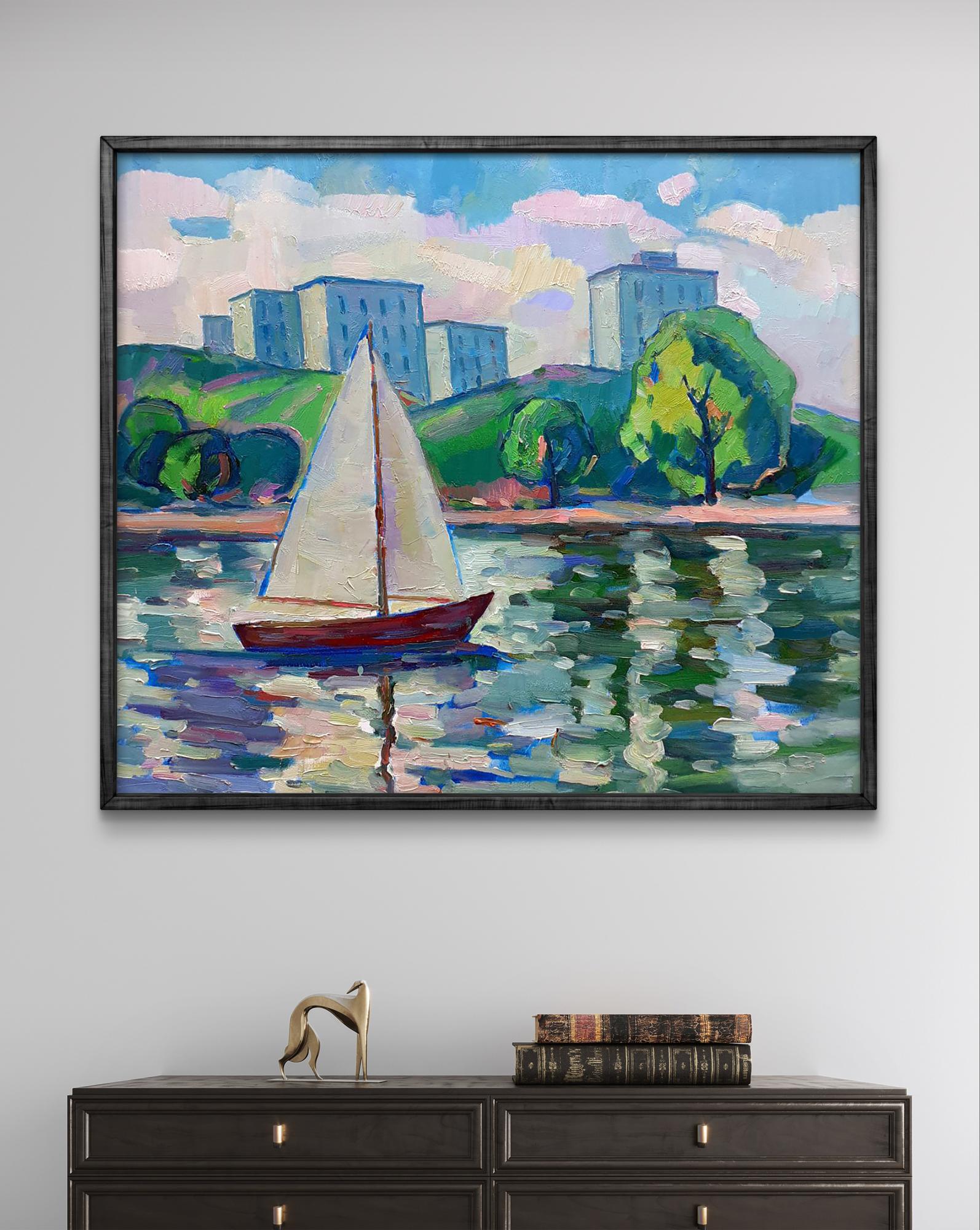 Impressionistic oil painting Sails at Sea by Peter Dobrev, sailboat with cityscape
