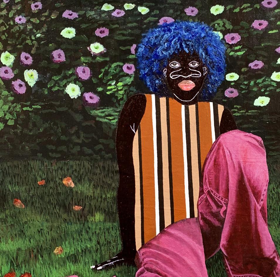 Vibrant acrylic painting by Akintomide Akinshola: blue afro figure among petals and grass