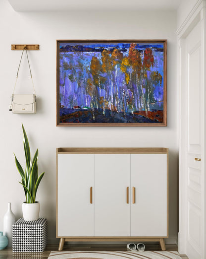 Oil painting Blue distance by Oleksiy Ivanyuk with purple blue golden trees
