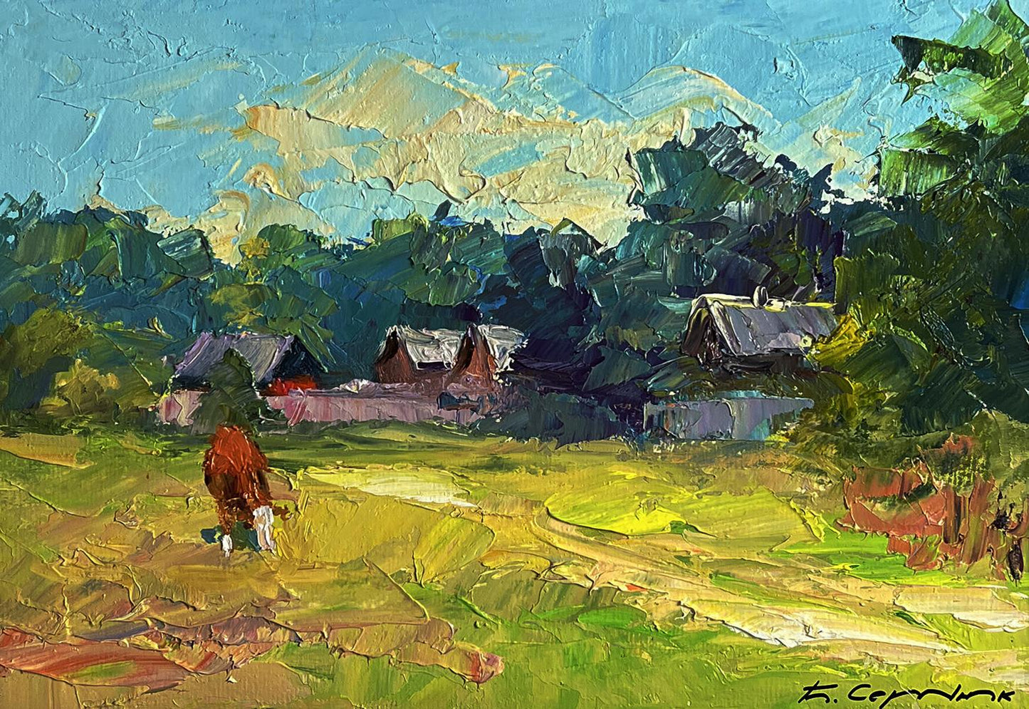Vibrant impressionist oil painting by Boris Serdyuk: red cow near houses