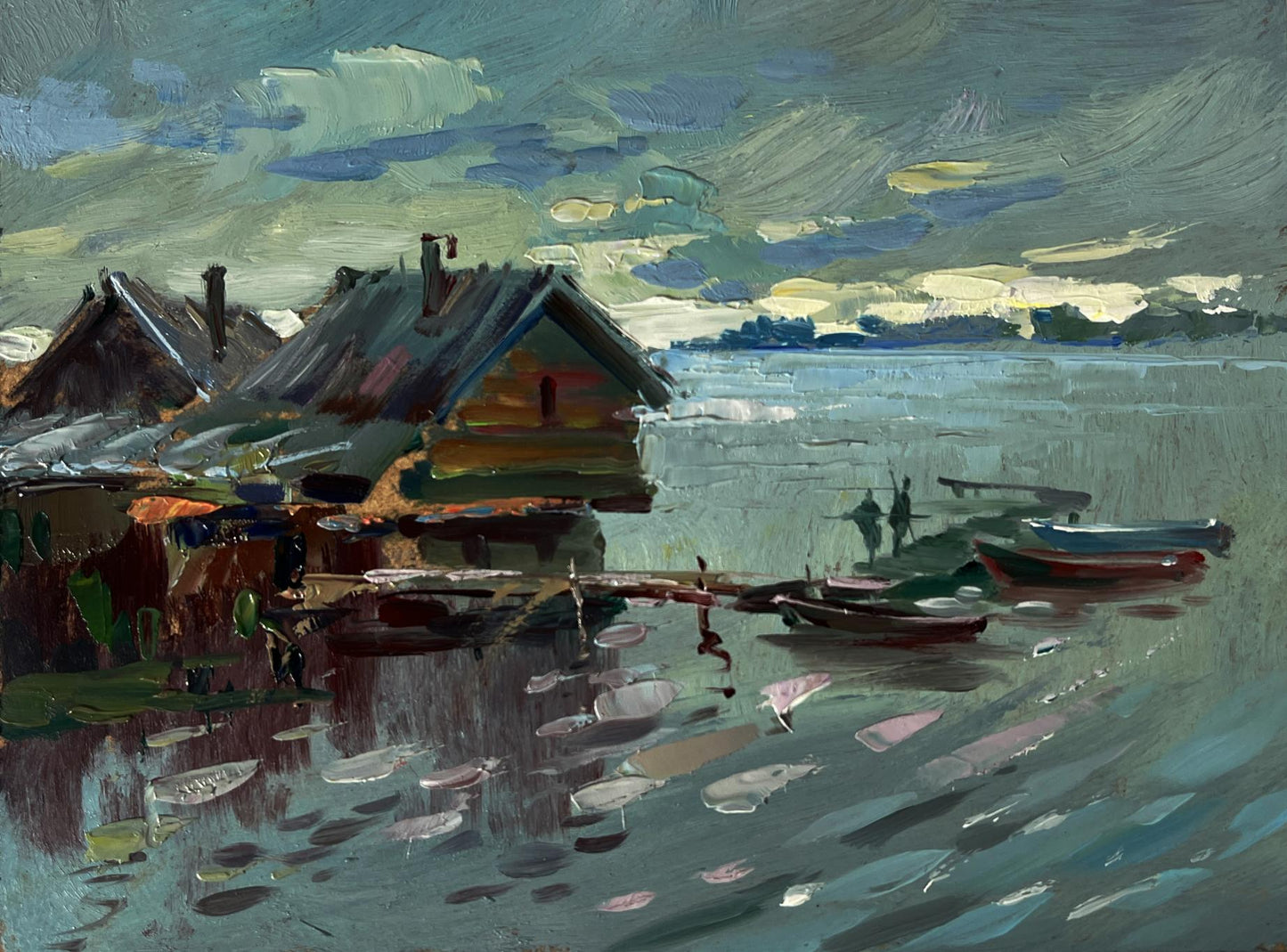 Oil painting of rustic houses on water by Yuriy Suprunchuk