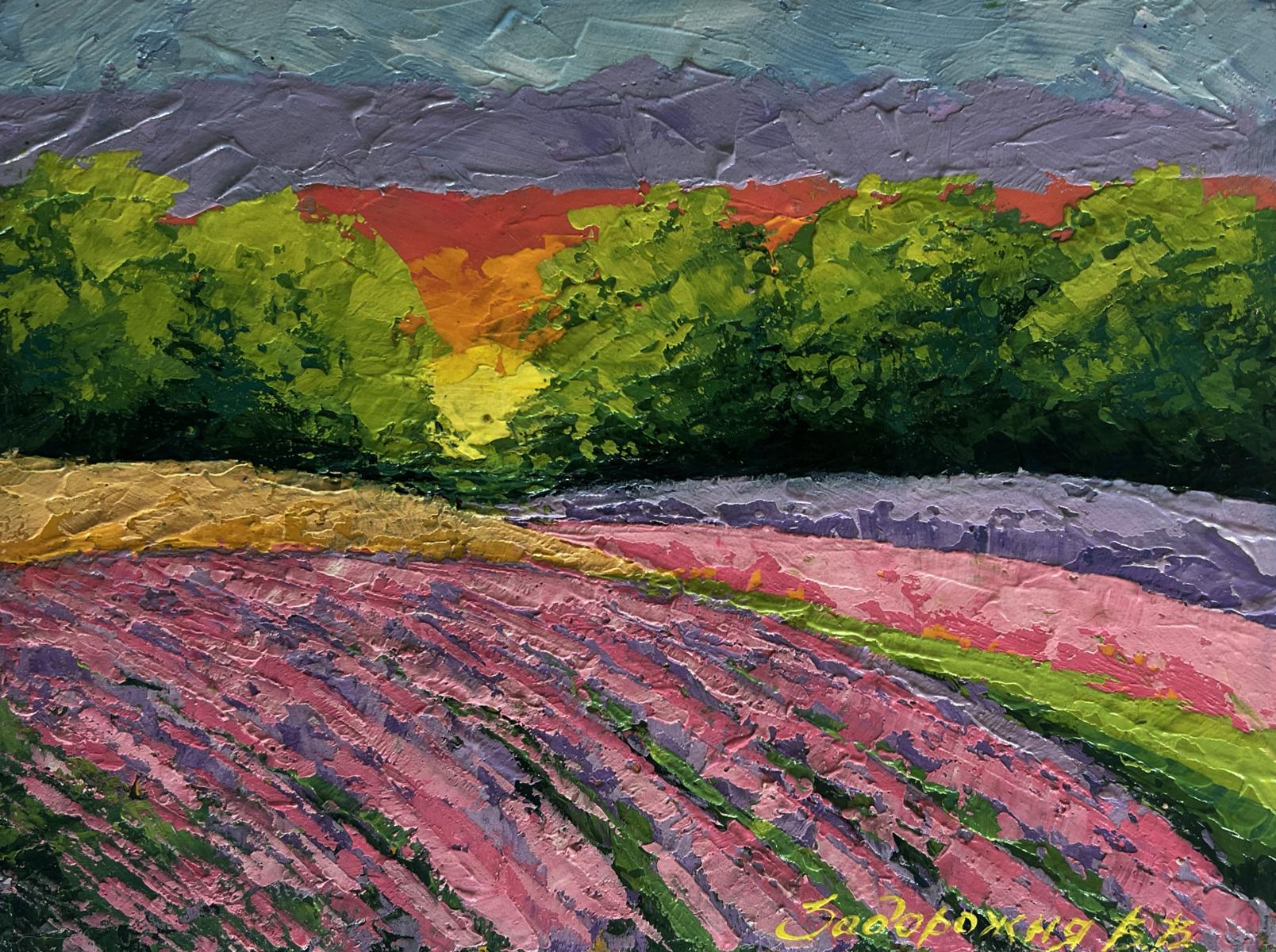 Vibrant impressionist oil painting of lavender field at sunset by V. Zadorozhnya