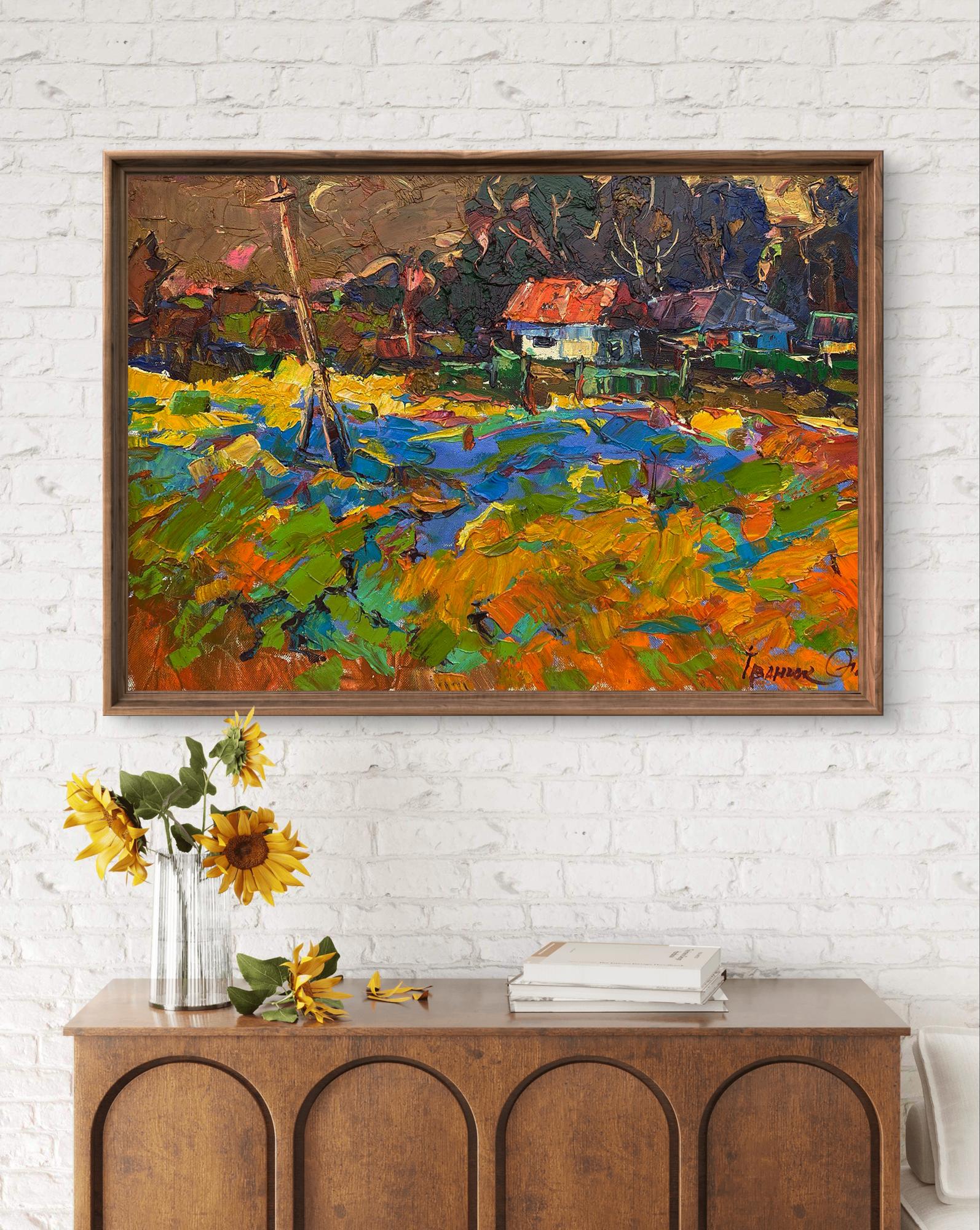 Oil painting Crimson evening in the village by Oleksiy Ivanyuk in wooden frame