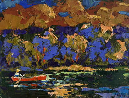 Oil painting Evening boat ride by Oleksiy Ivanyuk vibrant rowboat scene