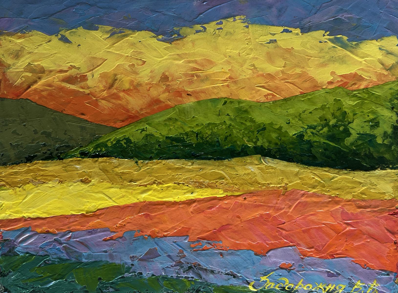 Vibrant impressionist oil painting of fiery sunset behind mountains by V. Zadorozhnya