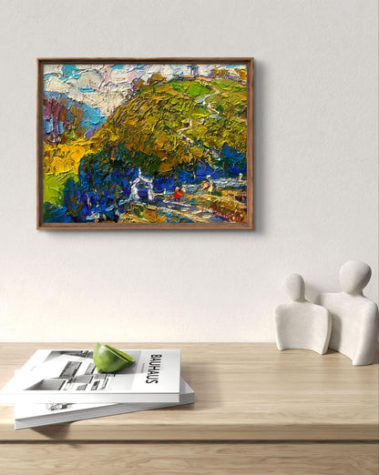 Oil painting The hillfort hides the secrets by Oleksiy Ivanyuk, lush green hillside