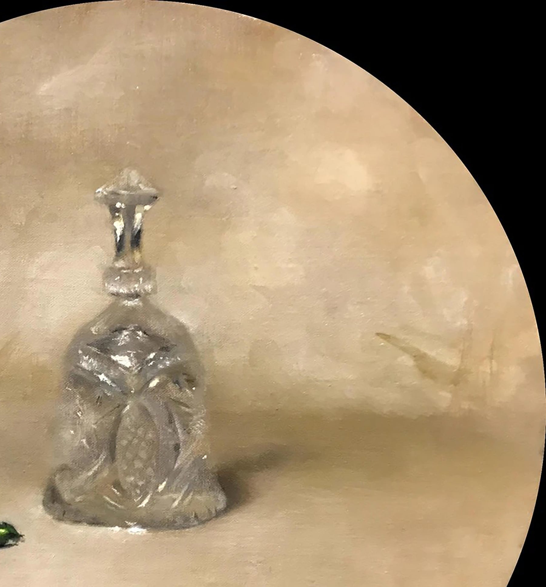 Clear faceted glass decanter with floral etching in Annam Butt oil painting