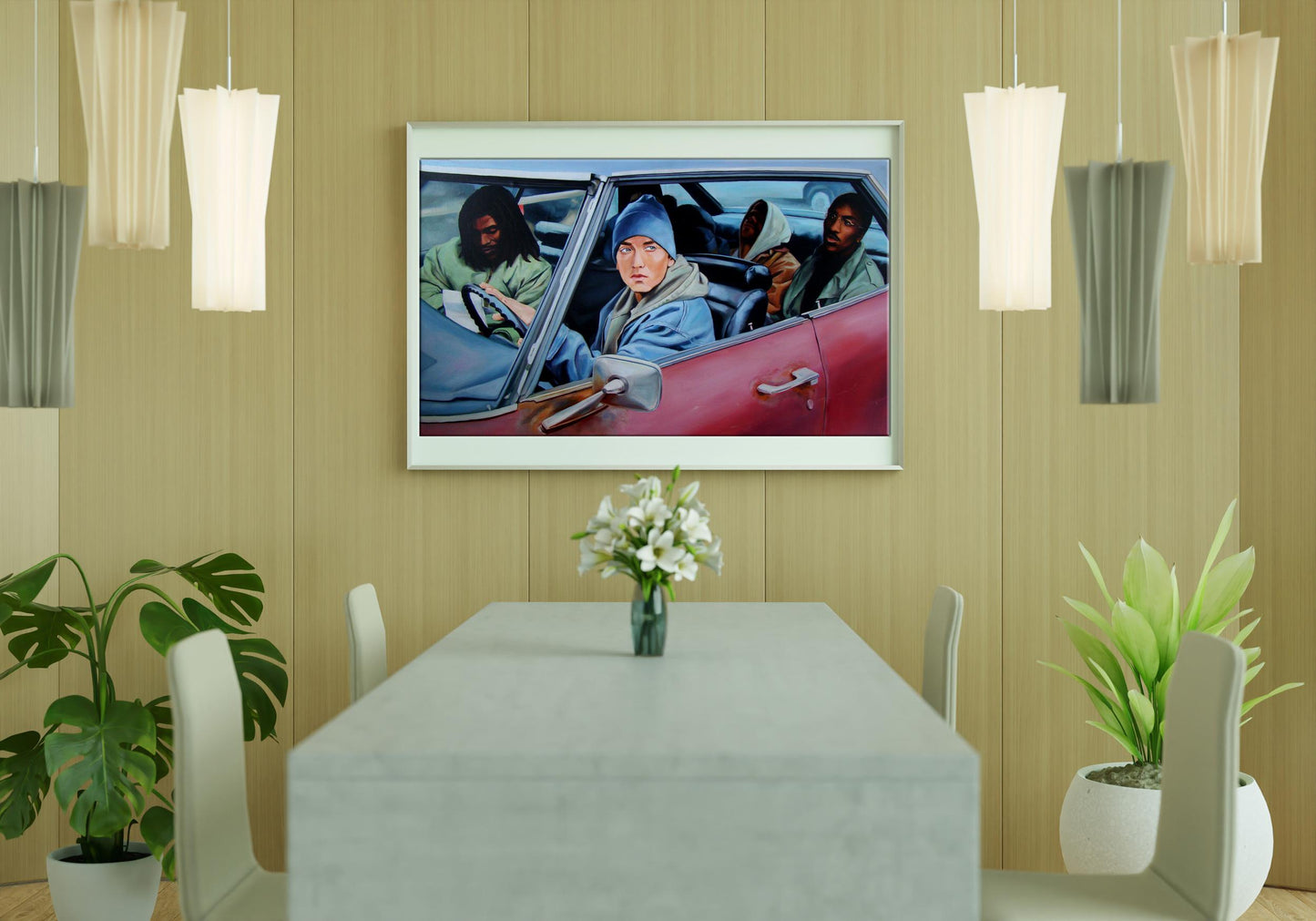 Oil painting of Eminem and friends in red convertible by Yulia Lihina