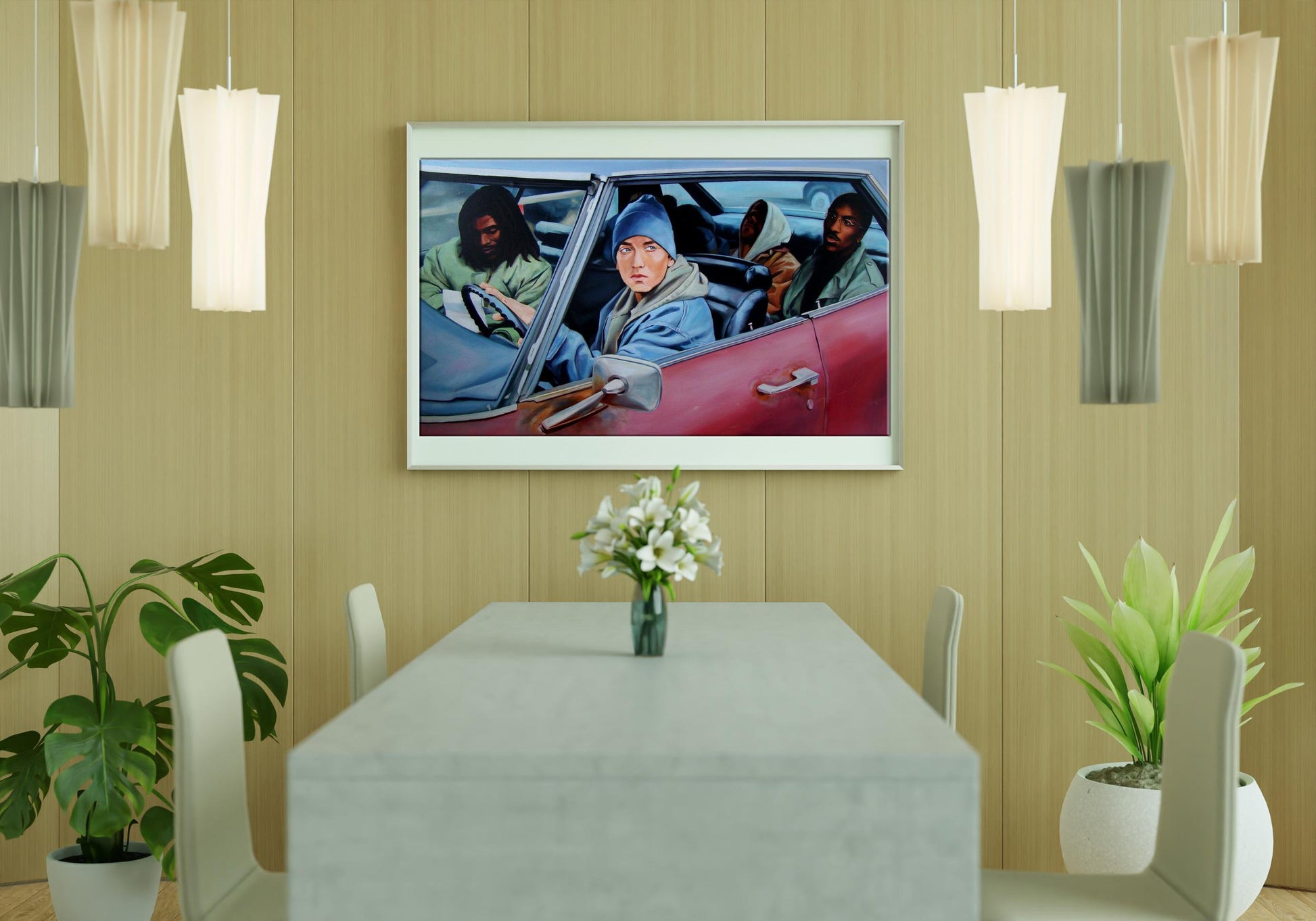 Oil painting of Eminem and friends in red convertible by Yulia Lihina