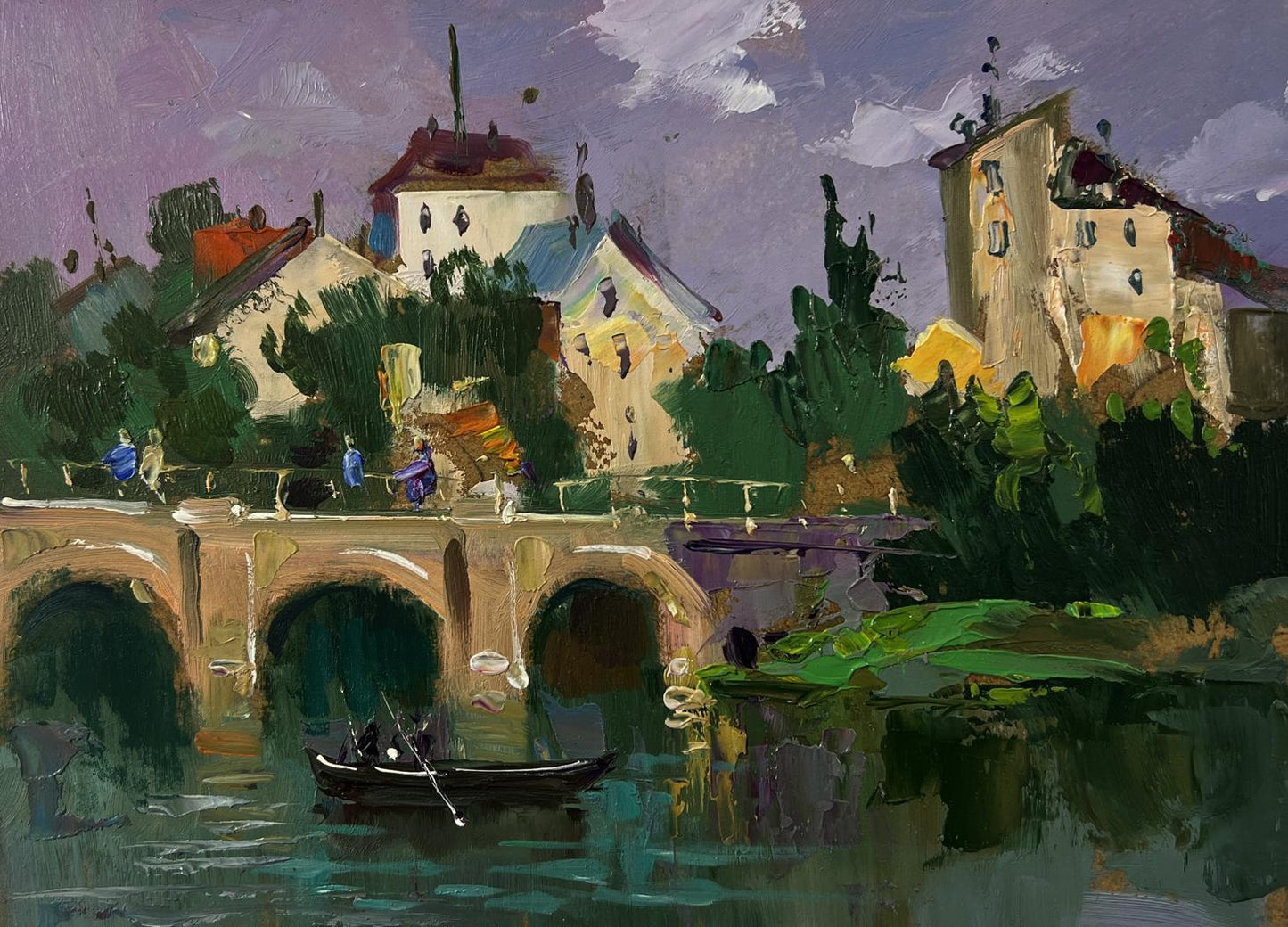 Vibrant impressionistic oil painting of city bridge by Yuriy Suprunchuk