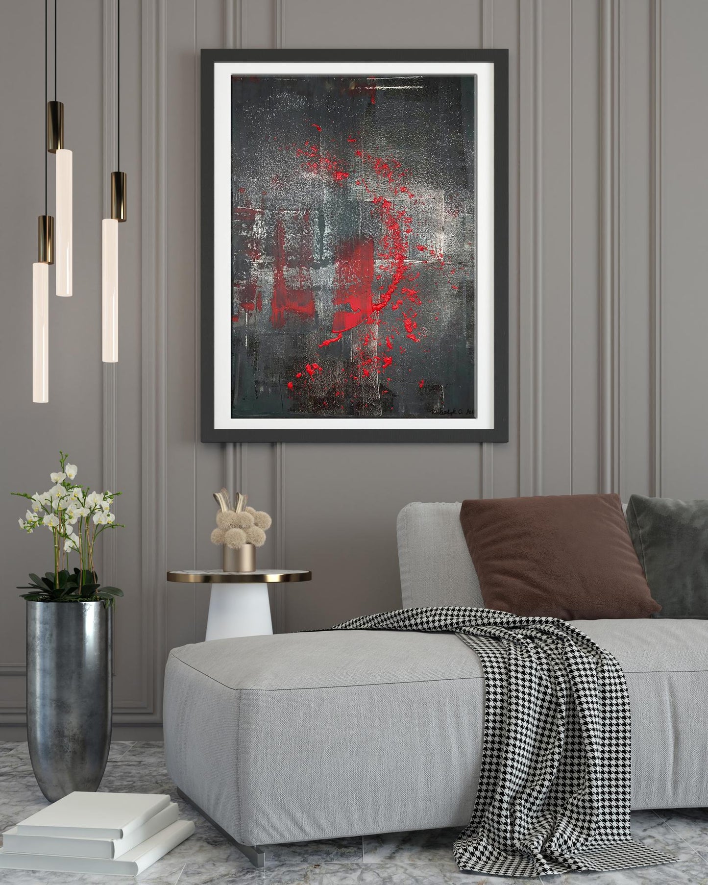 Framed Acrylic Night Melody painting by Olga Melezhik, bold red splatters on dark gray textured background